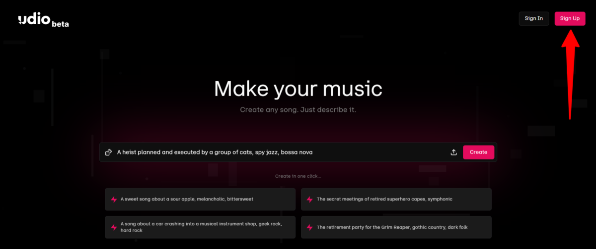 Selecting Sign Up on the Udio homepage.