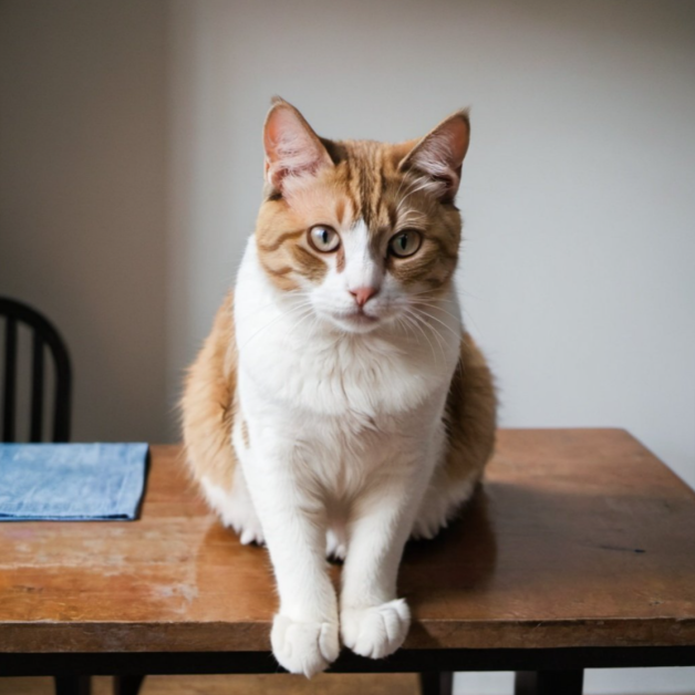 A cat sitting on a wooden table generated with OpenArt's AI Image Generator.