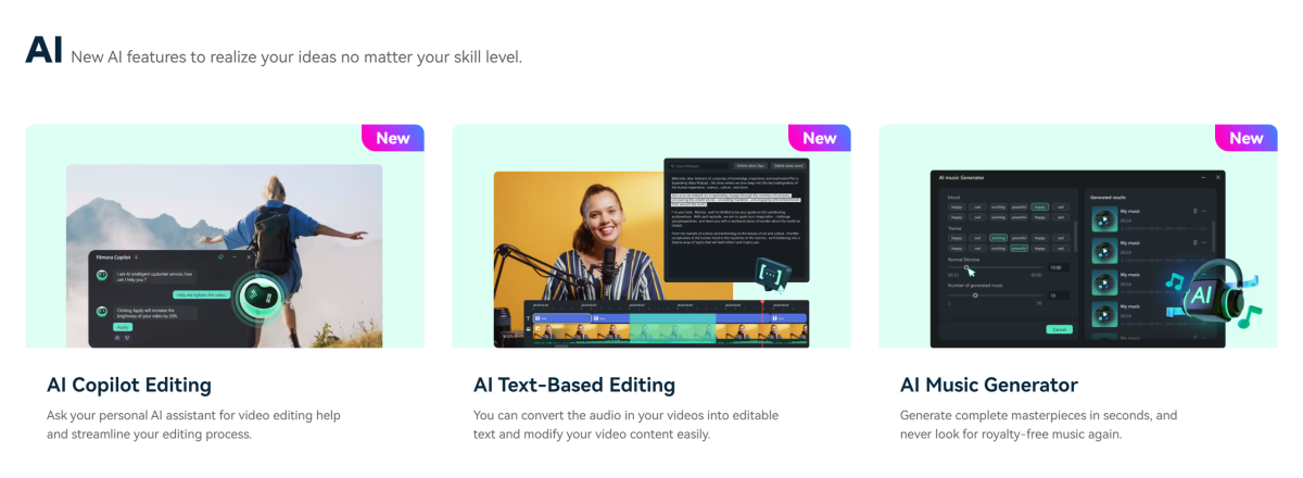 Wondershare Filmora AI features.