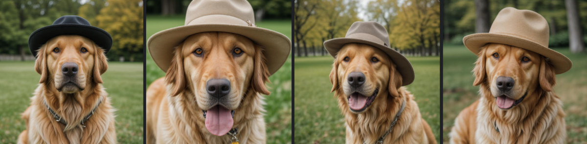 1-9c1d2fe1-aa8d-455c-87f1-fee57b42cc8b Four images of a medium portrait shot of a golden retriever wearing a hat using Getimg.ai.