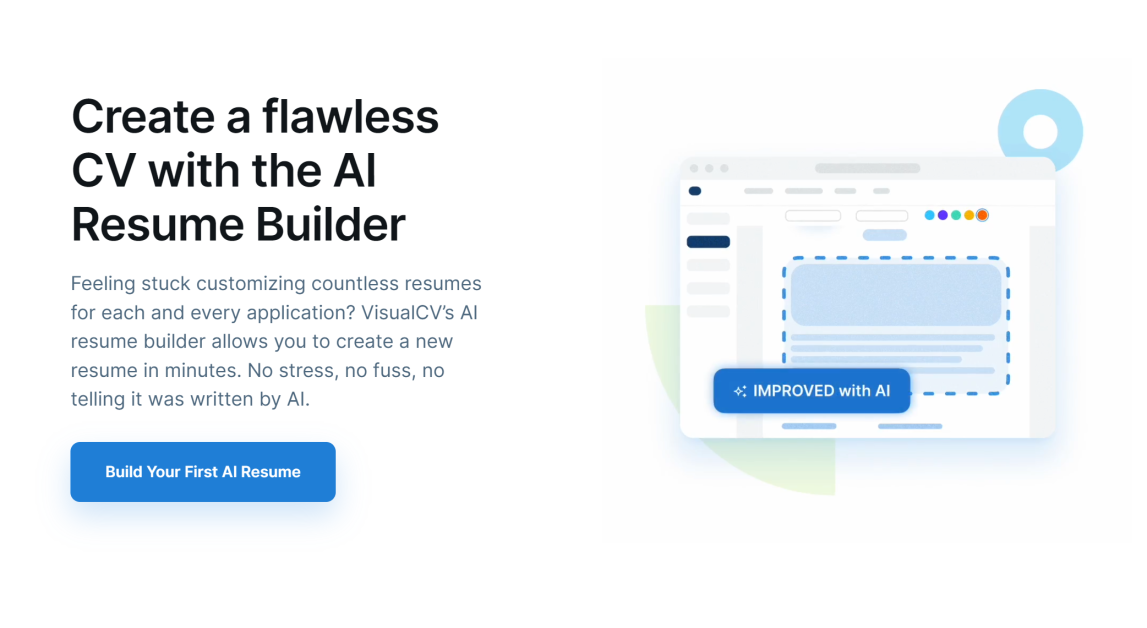 VisualCV AI resume builder landing page.