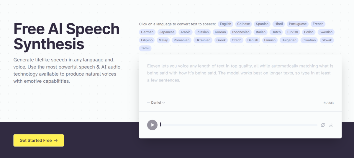 1-elevenlabs-text-to-speech ElevenLabs text-to-speech landing page.