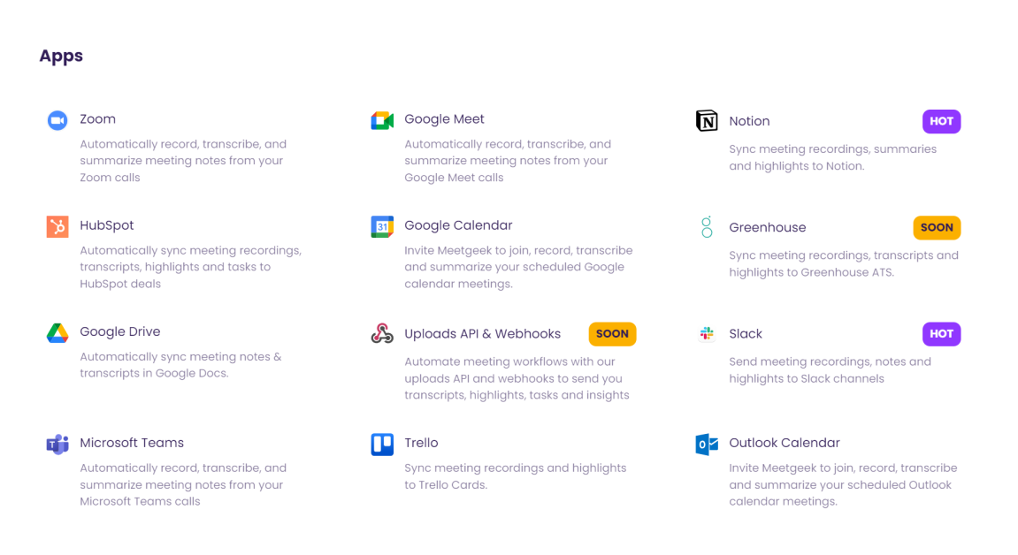 MeetGeek integration apps.
