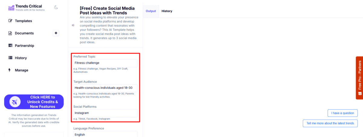 1-new-message-04-22-2025_10_15_am Filling out the template to create social media posts on Trends Critical.