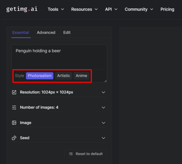 10-1d1e6e4a-0cc5-48c7-8135-dd4b3184e6ae Selecting a style for my image generation using Getimg.