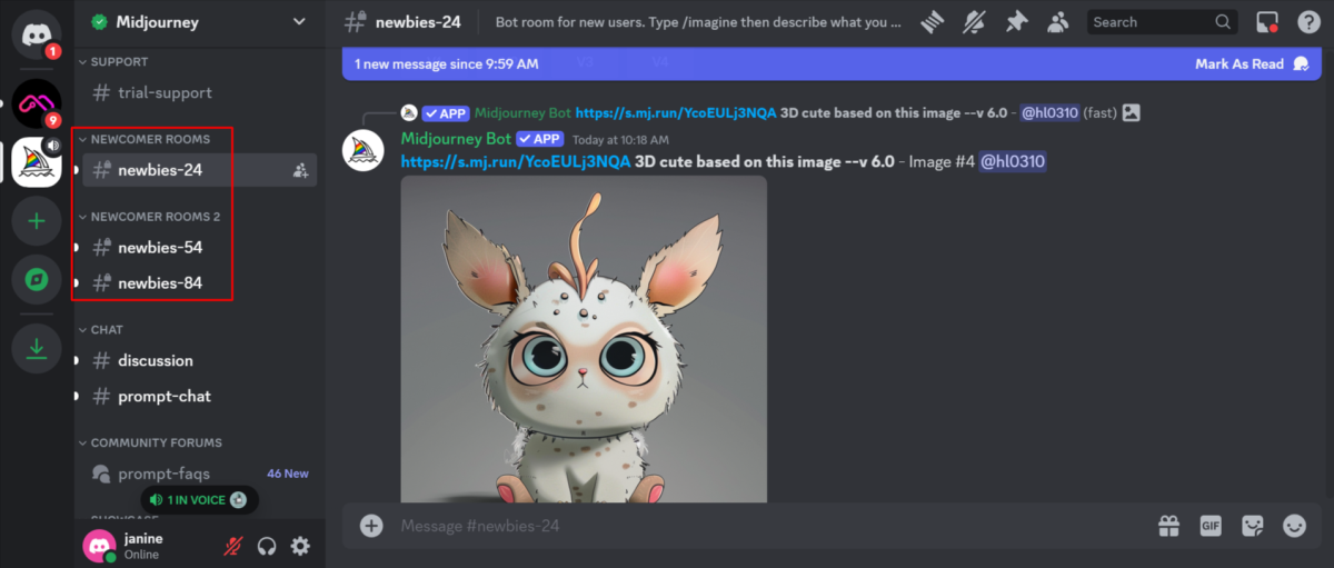 10-276ad325-9aff-476b-ba79-75a6afed026b Selecting a newbie channel on the Midjourney Discord.