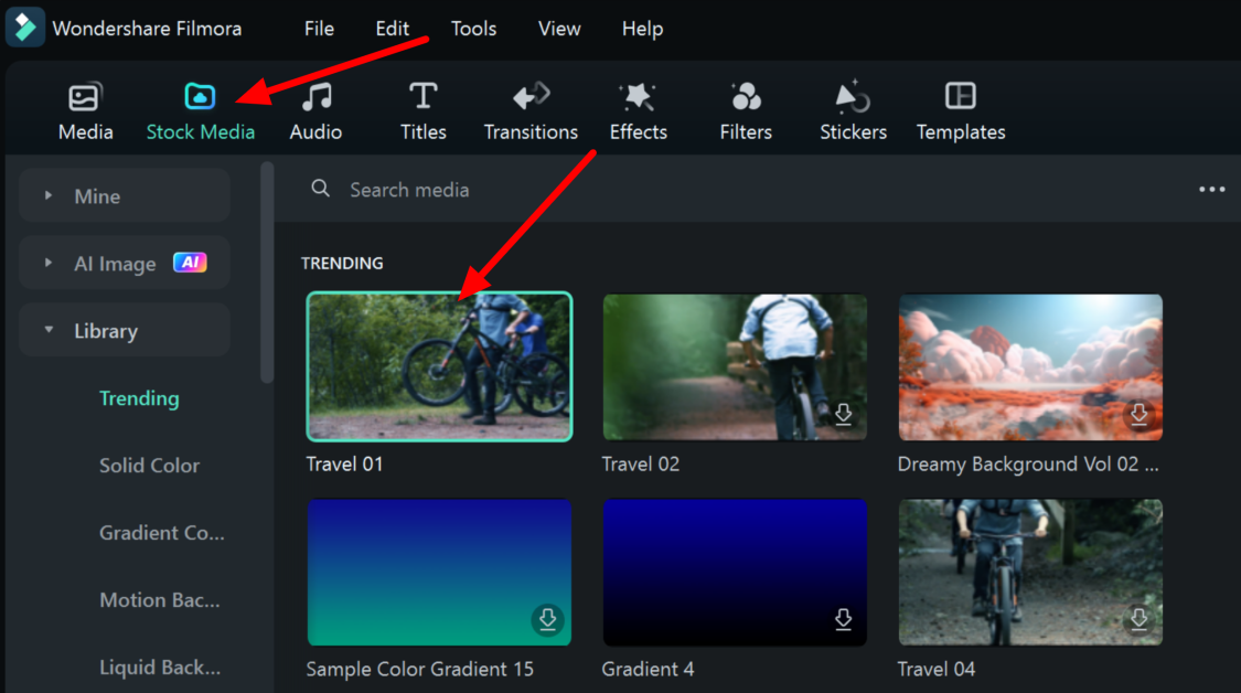 Selecting a video to download from the Wondershare Filmora stock videos.