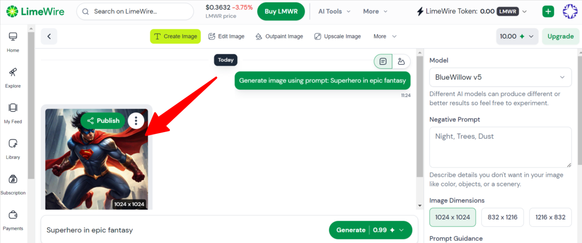 An image of a superhero generated with LimeWire.