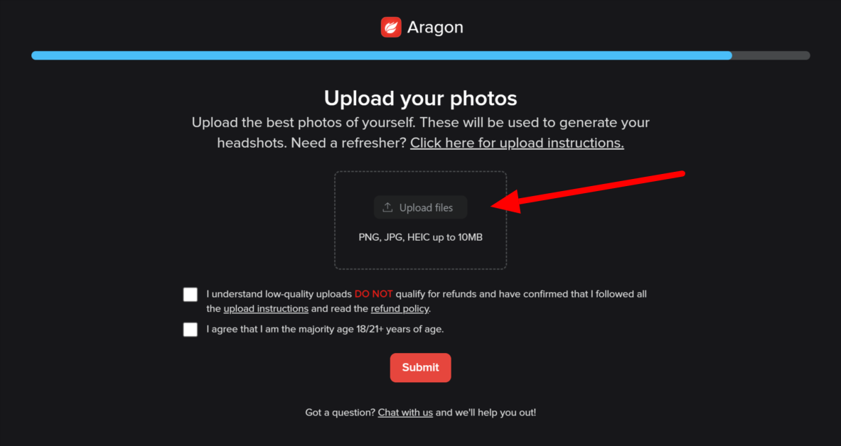10-aragon-ai-upload-photos Uploading selfies to Aragon AI to generate them into AI headshots.
