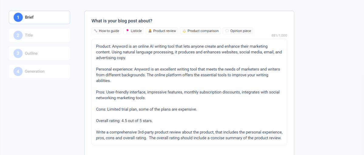 Product review template that has been filled in with the details about the product.