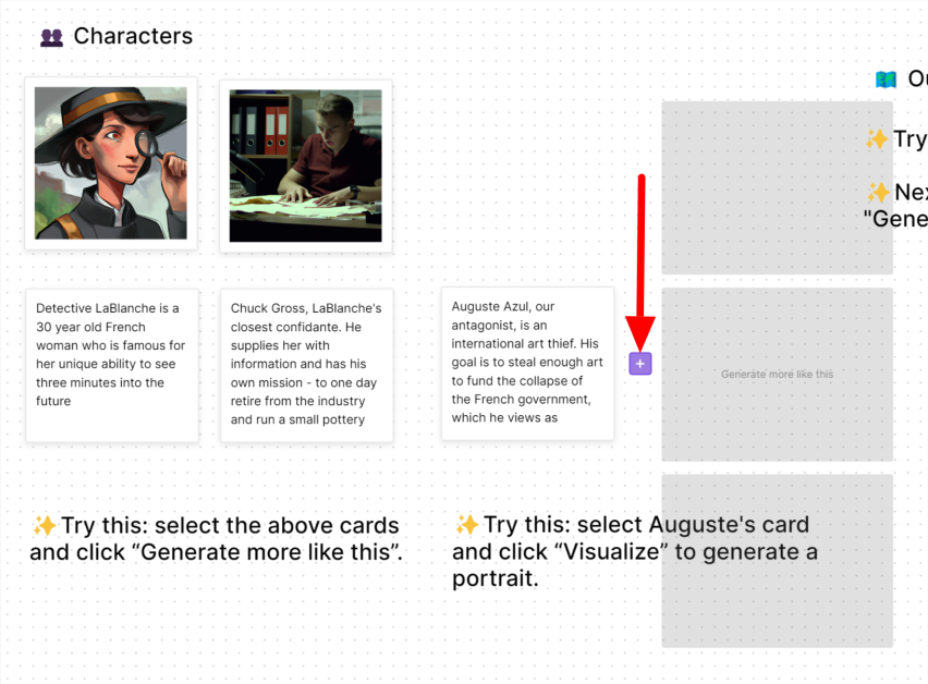 Generating more character description variations using Sudowrite Canvas.