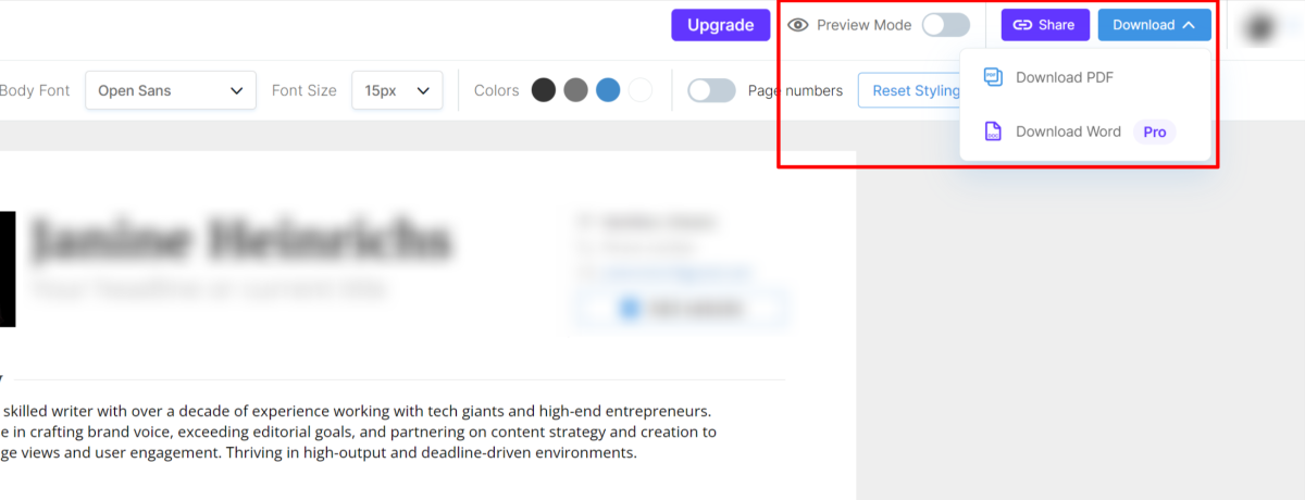 Highlighting the preview mode, share, and download options when making a resume using VisualCV.