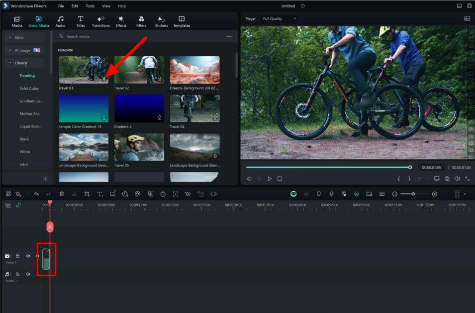Adding a Wondershare stock video onto the timeline.