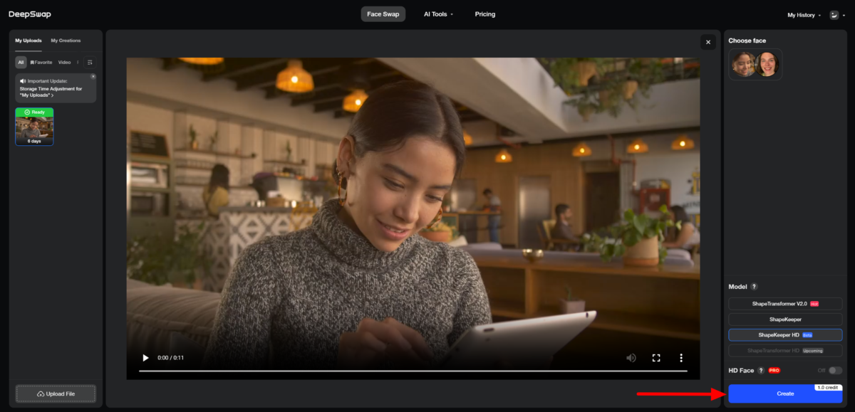 Selecting Create to generate a Face Swap video with Deepswap.