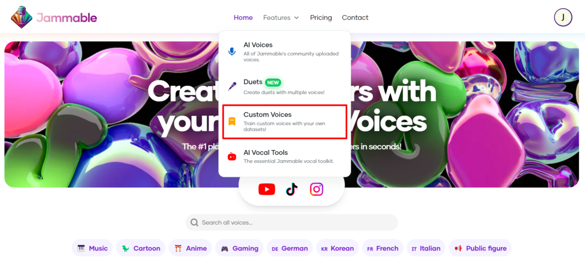 11-7127a830-2197-4df2-9251-1537117494e0 Selecting Custom Voices from the list of features available through Jammable.