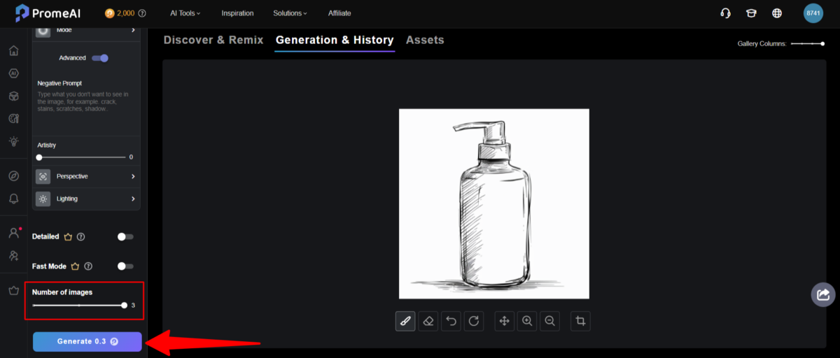 Choosing the number of images to generate and selecting the "Generate" button.