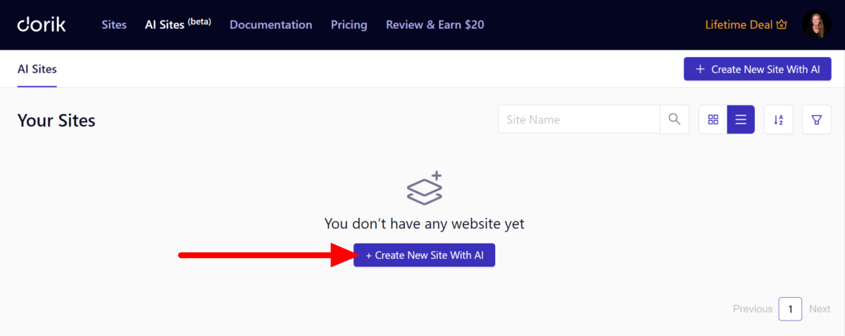 11-85af689e-b048-4ec0-b28c-0a8f51f287d2 Selecting the Create New Site with AI button from the Dorik dashboard.