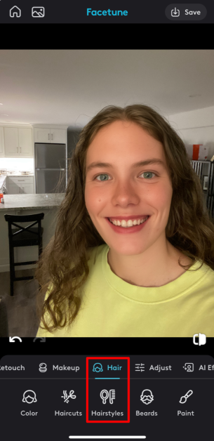 11-8fa89a66-2a4c-4290-a7e6-cf9cfb9dd1ca Accessing the hairstyles with Facetune.