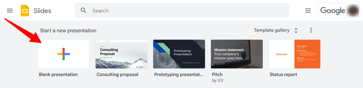 Creating a new blank Google Slides presentation.
