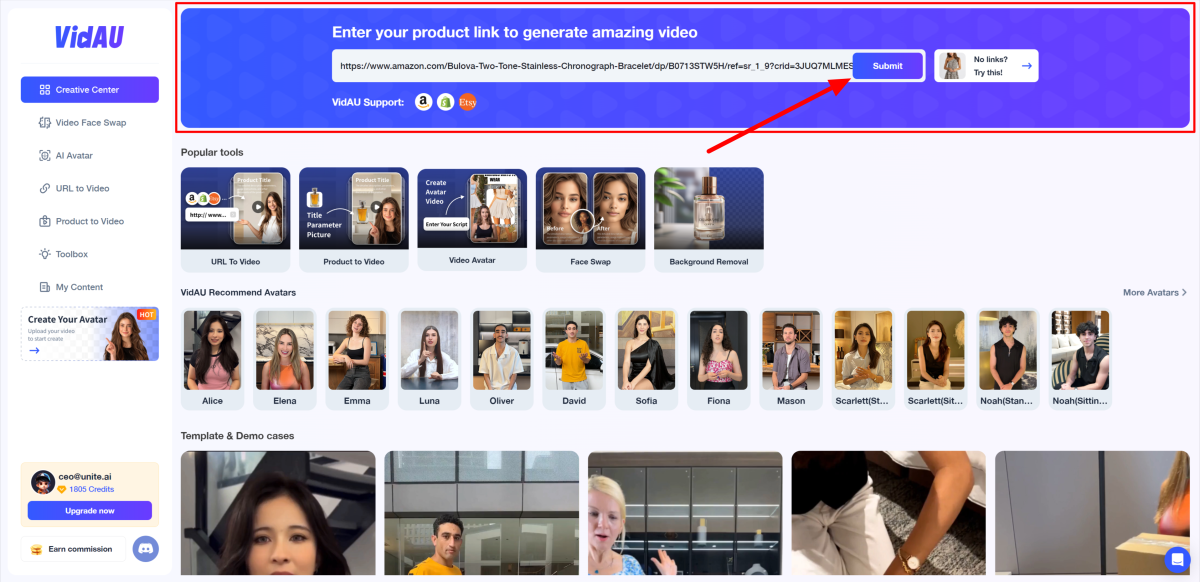 Pasting an Amazon link into VidAU's URL to Video feature and hitting Submit.