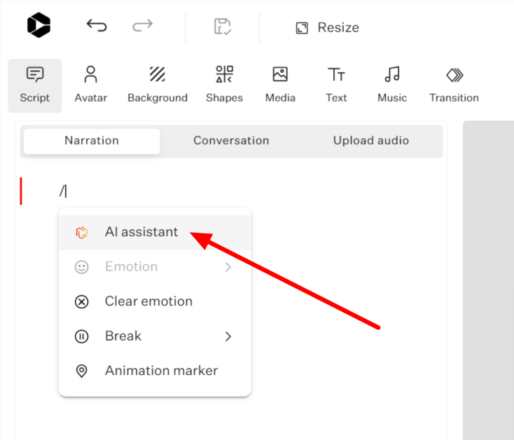 Accessing the AI Script Assistant by typing "/" when writing a script using Colossyan Creator.