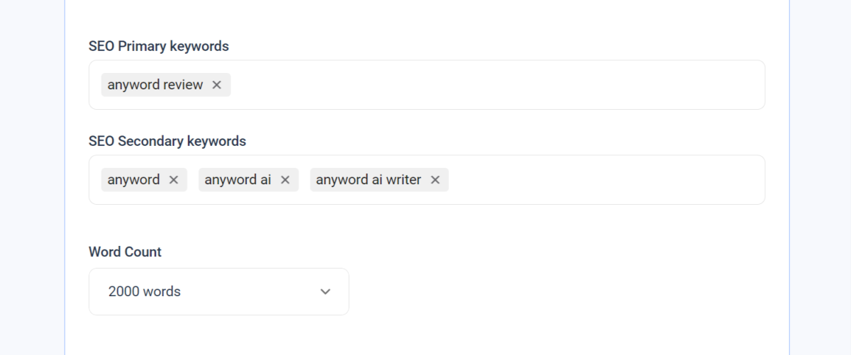 Adding keywords and selecting the word count on Anyword.