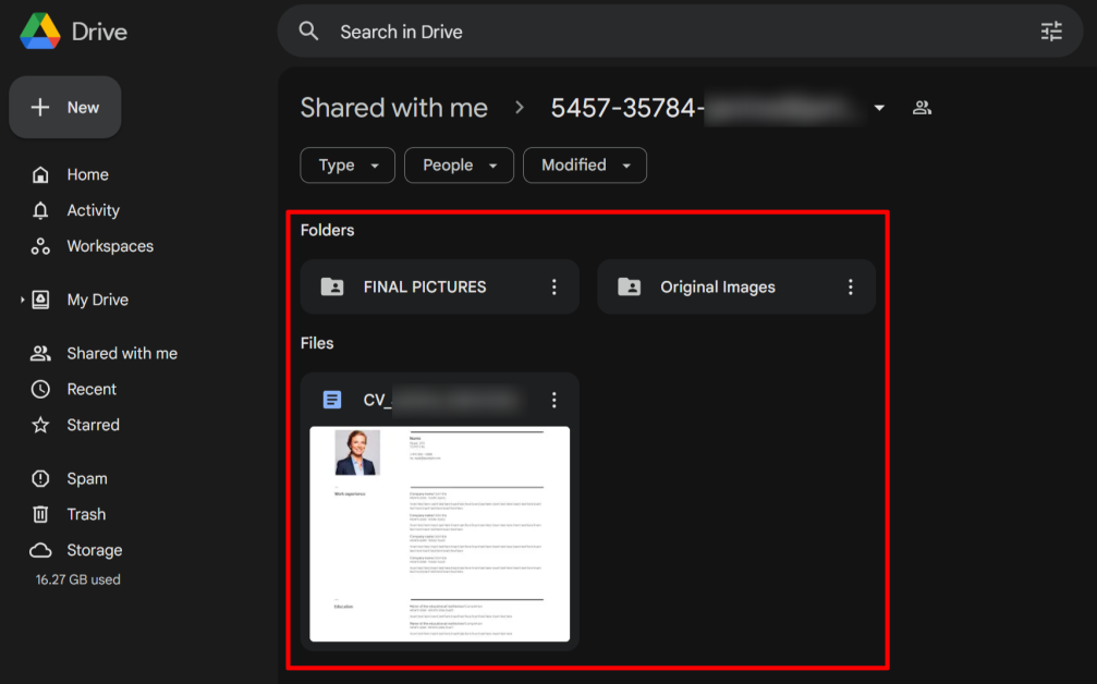 Final pictures, original images, and CV in a Google Drive folder from Profile Bakery.
