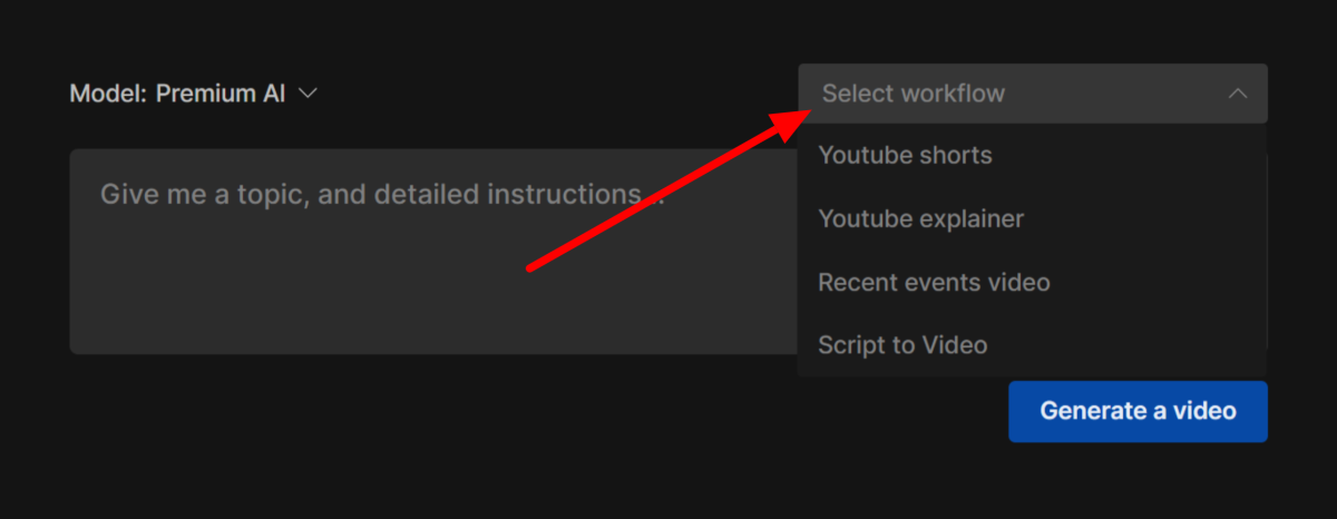 Selecting a workflow when creating a video with InVideo.