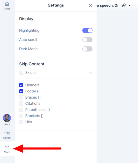 11-speechify-more-menu Selecting More using the Speechify text to speech feature.