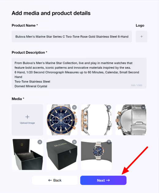 Adding media and product details and hitting Next to continue.