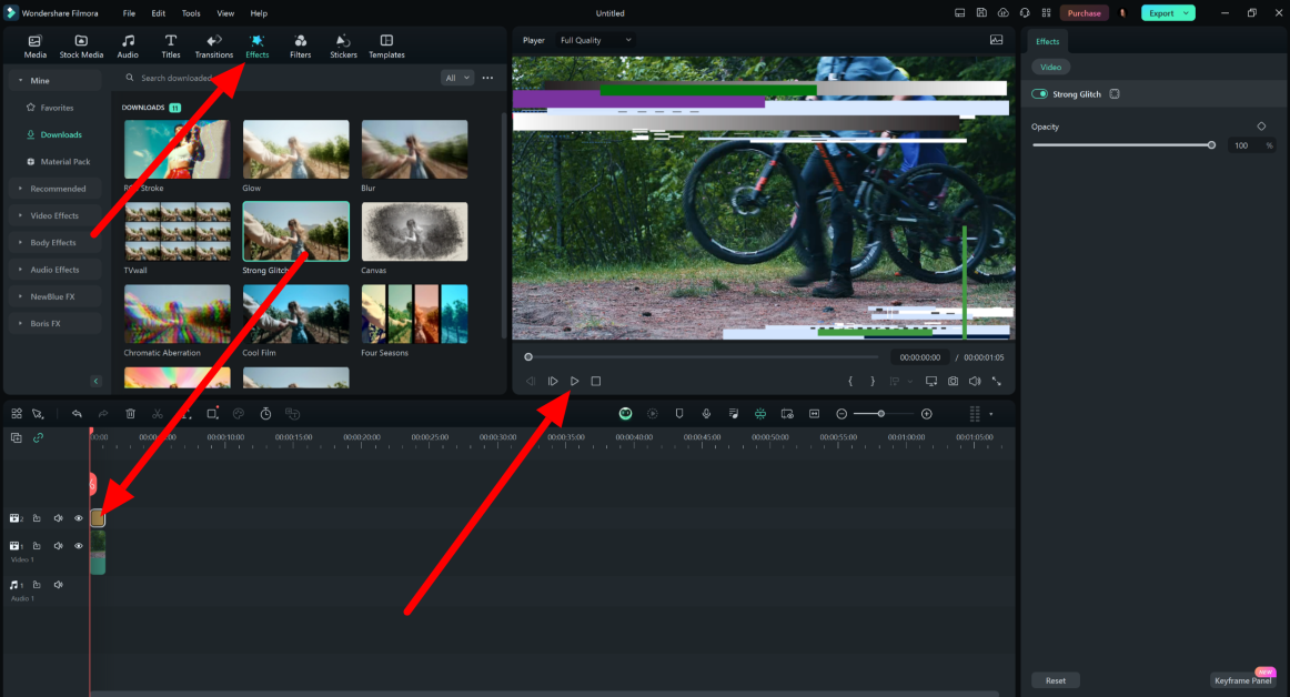 Applying an effect and previewing a video made using Wondershare Filmora.