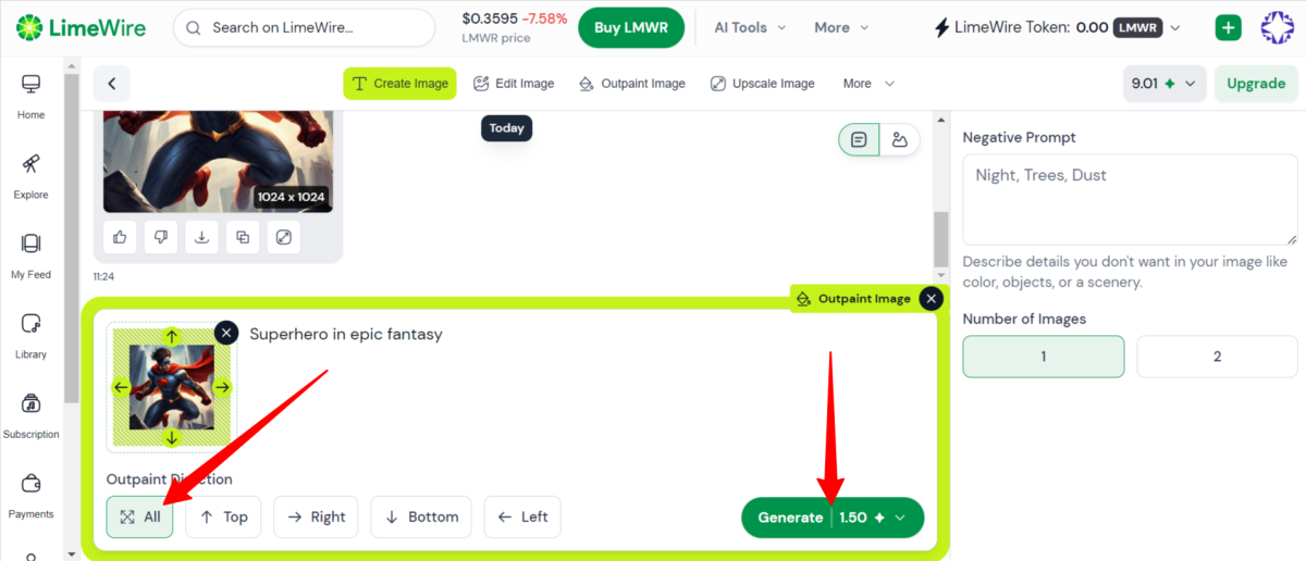 Selecting the outpaint direction and hitting Generate when outpainting an image with LimeWire.