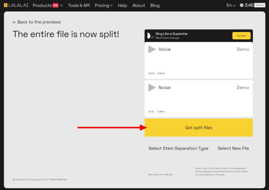 Selecting Get split files using Lalal.ai's Stem Splitter.