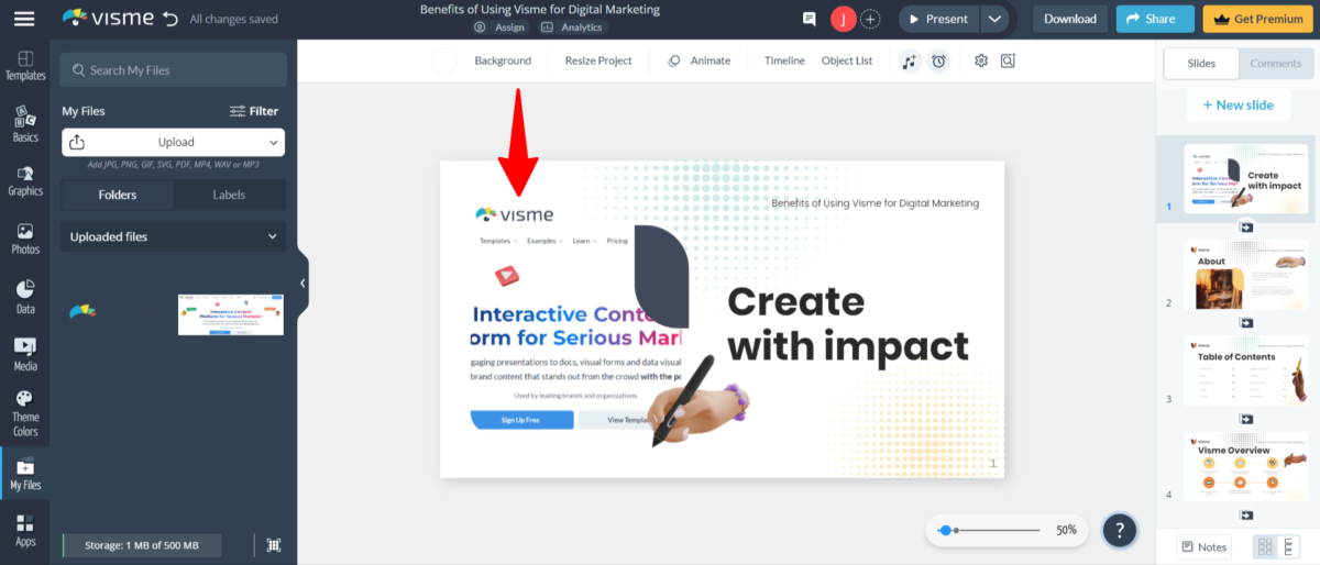 12-72f2df13-9420-4489-80da-5b70b3666b26 Replacing the logo when creating a presentation with Visme.