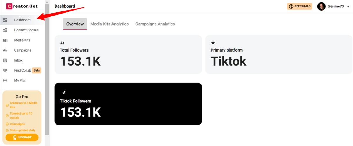 12-85be628f-2fb3-4eeb-afc0-1b6726e4498e Overview analytics from a TikTok account on CreatorsJet.