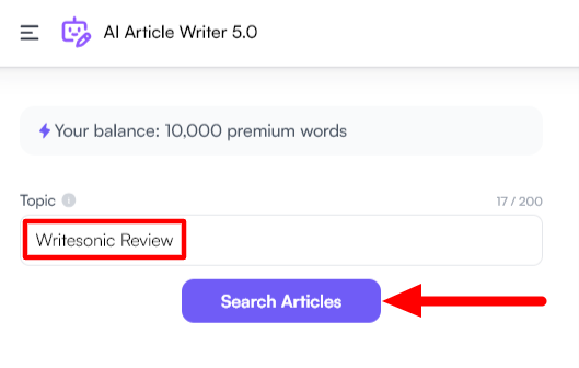 Giving Writesonic a topic and selecting "Search Articles."