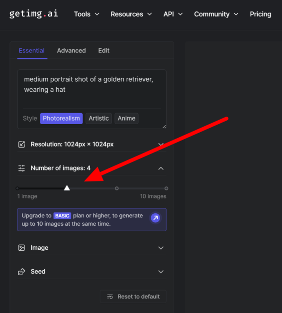 12-bae2071b-e1cb-49b0-a3c2-4b179203b1e9 Selecting the number of images Getimg would generate for the text prompt.