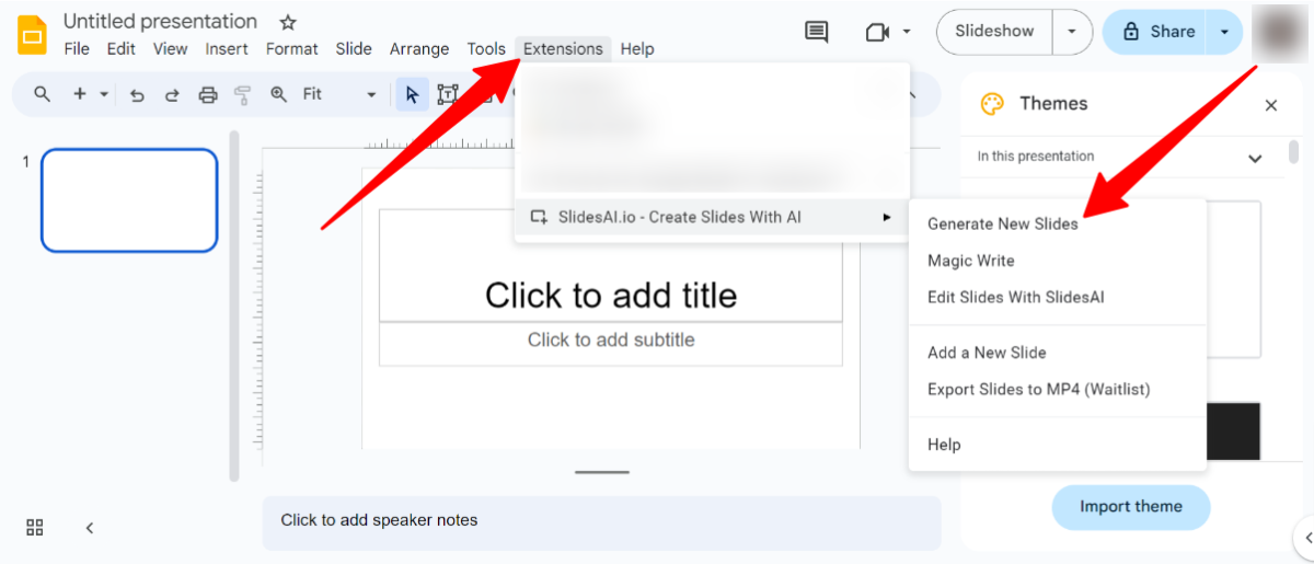 Selecting Generate New Slides from the SlidesAI Extension in Google Slides.