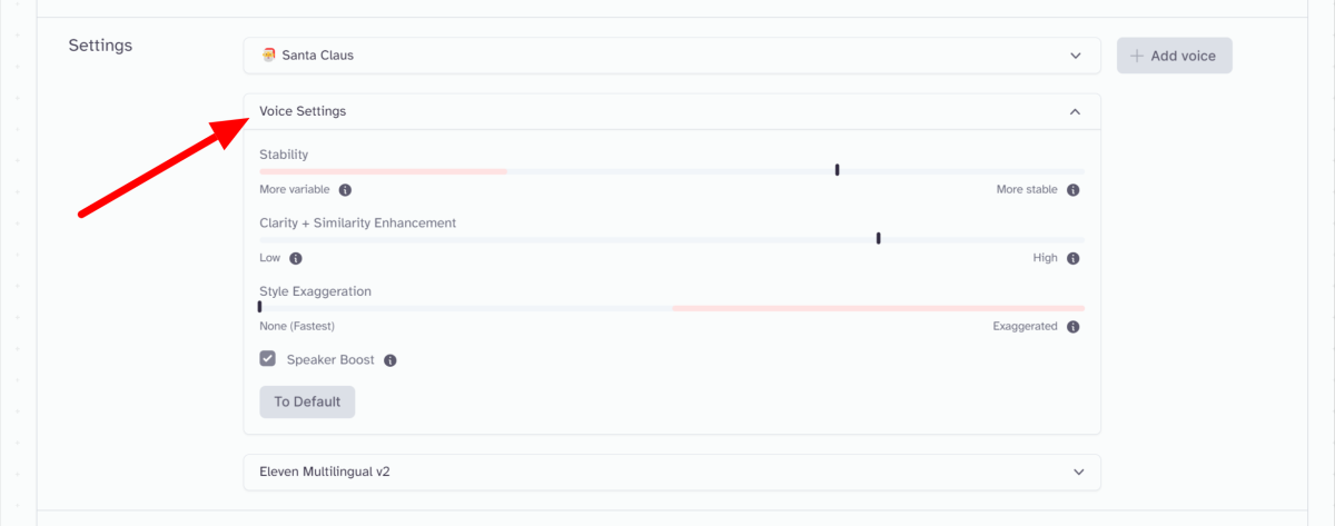 12-elevenlabs-refining-voice-settings Adjusting the voice settings when generating an AI voice using the text to speech feature in ElevenLabs.