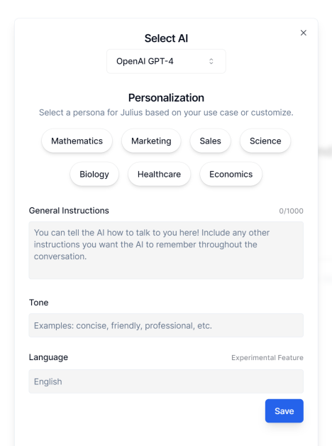 Changing the AI settings for the Julius AI chatbot.