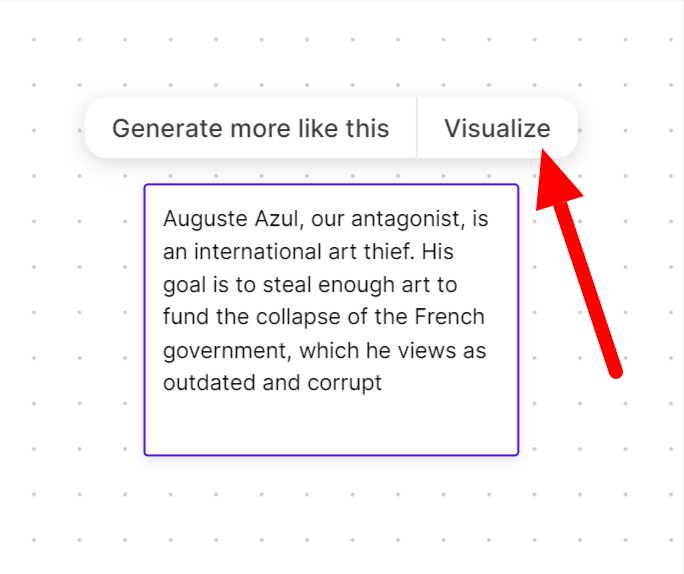 Selecting a character card description and choosing "Visualize" to generate an image of the character.