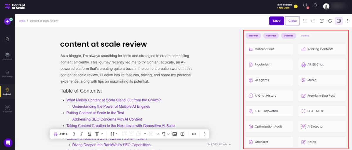 Emphasizing the built-in content improvement tools included with Content at Scale.