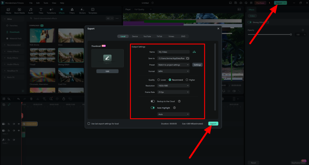 Exporting a video from Wondershare Filmora.