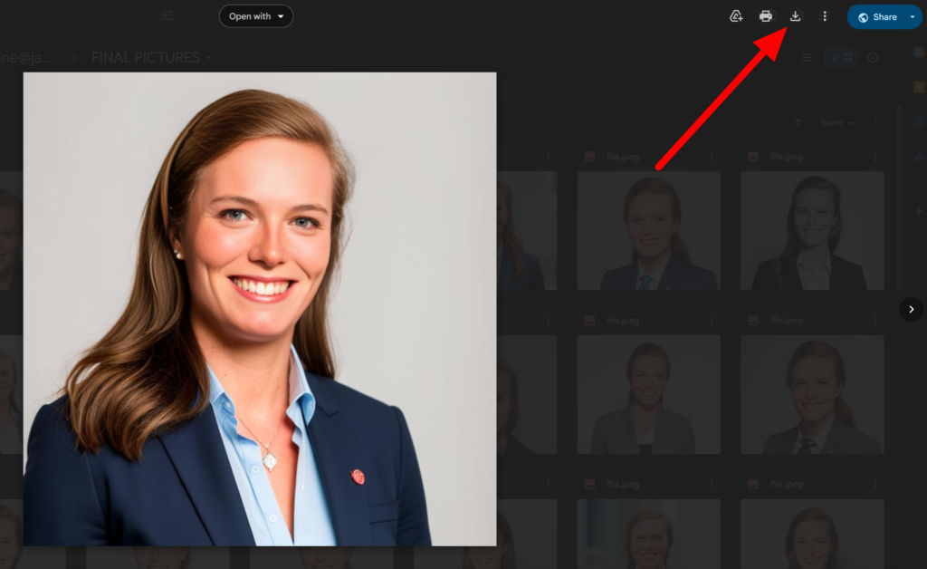Selecting a headshot generated with Profile Bakery within Google Docs and hitting the Download icon to download the image.