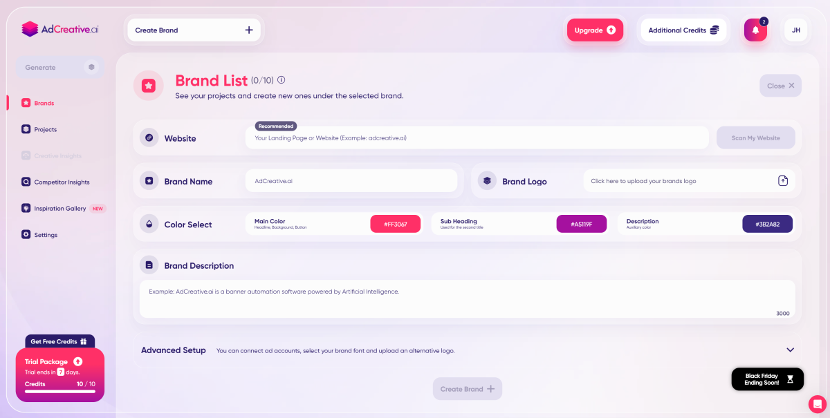 13-adcreative-create-brand The AdCreative.ai dashboard.