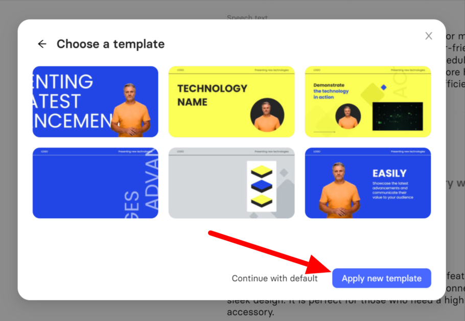 Choosing a new template and selecting "Apply new template."