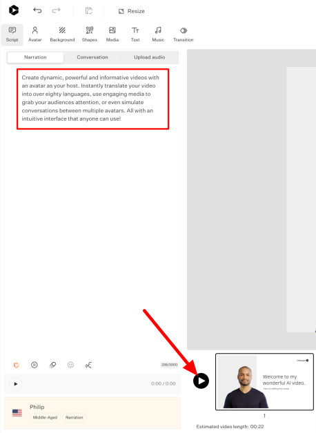 Typing out a script and hitting the play button to preview it using Colossyan Creator.