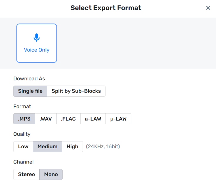13-murf-ai-select-export-format Selecting the export format for downloading a voiceover using Murf AI.
