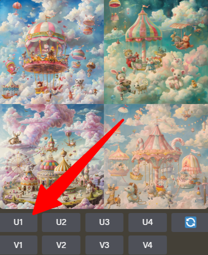 14-0d7e8dea-1527-463c-96d8-2189682d22af Selecting "U1" from the images Midjourney generated.