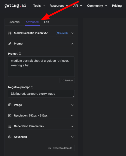 14-2e430463-0a56-4a72-8410-7cbaa411586f Getimg.ai Advanced tab in the AI image generator.